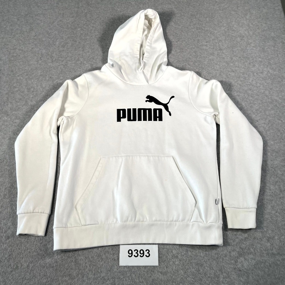 Puma Essentials Hoodie Mens XL White Fleece Lined Spellout Logo Kangaroo Pockets